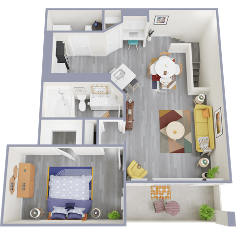 a stylized floor plan of a 1 bedroom apartment